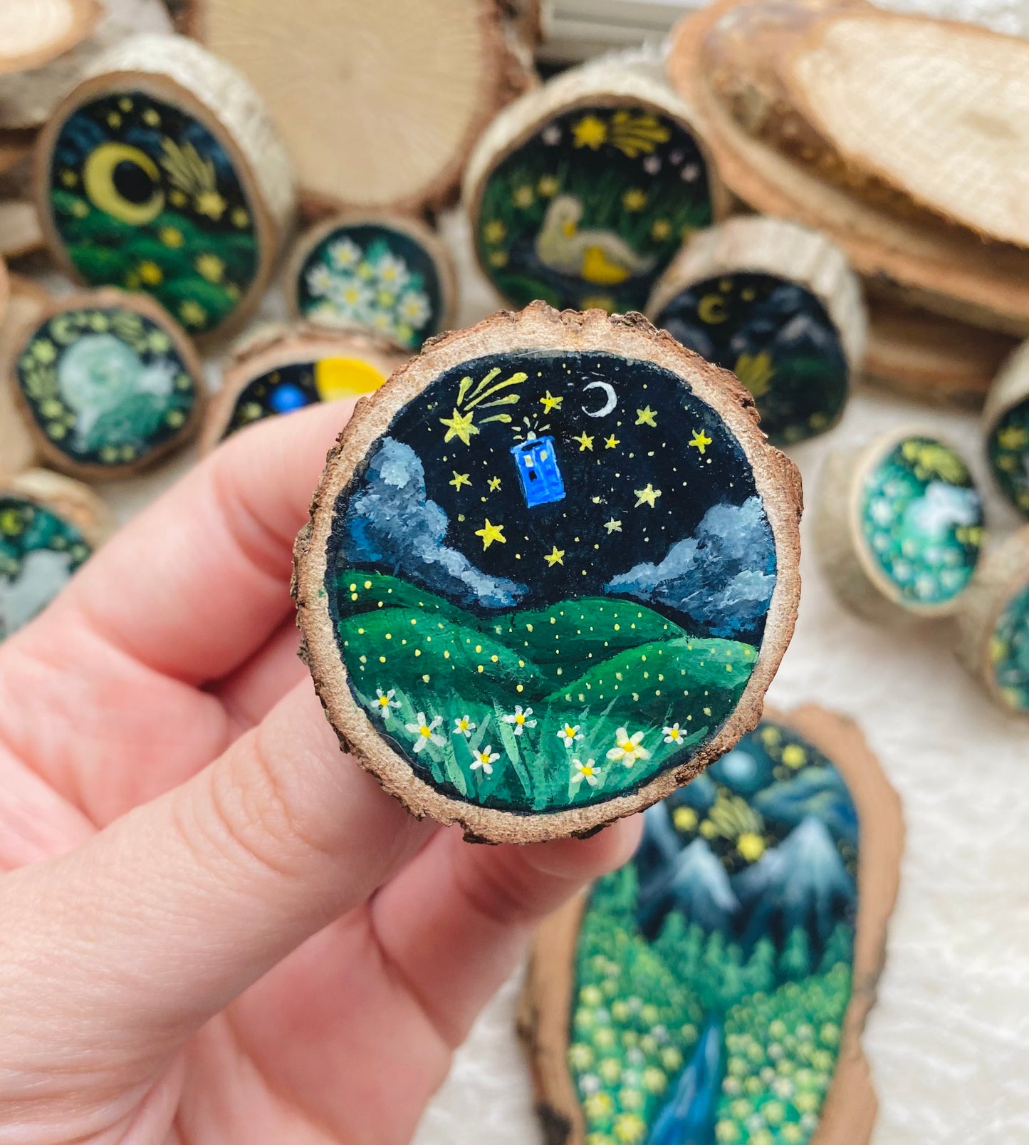 Blue Box Over The Hills | Wood Slice Pin